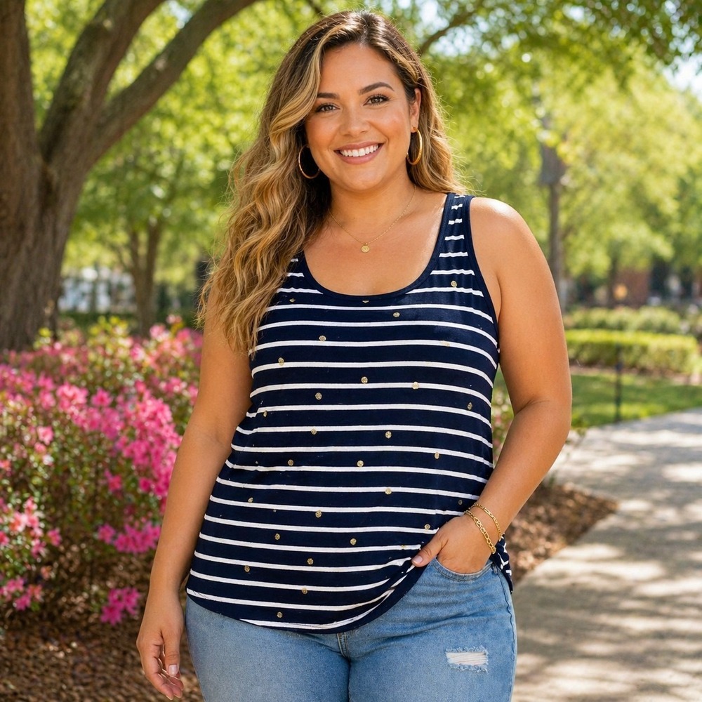 New Day Tank Top Women's XXL Plus Navy Stripe Minimal Coastal Nautical Casual